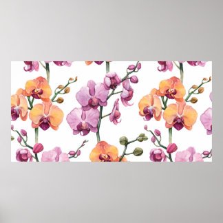 Seamless pattern with watercolor orchid flowers poster