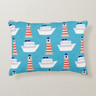 Seamless pattern with waves, lighthouses and cruis accent pillow