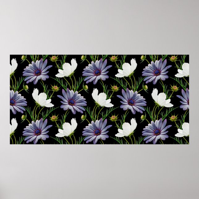 Seamless pattern with white cosmos and blue daisy  poster (Front)