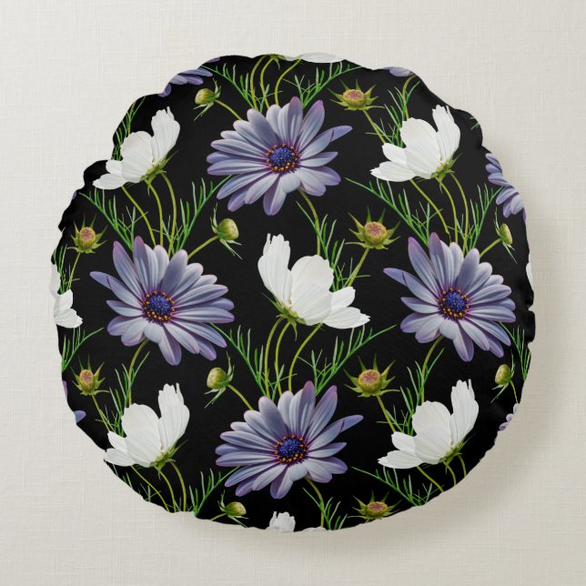 Seamless pattern with white cosmos and blue daisy  round pillow (Front)