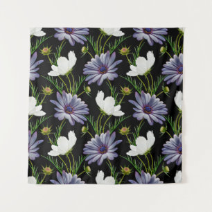 Seamless pattern with white cosmos and blue daisy  tapestry