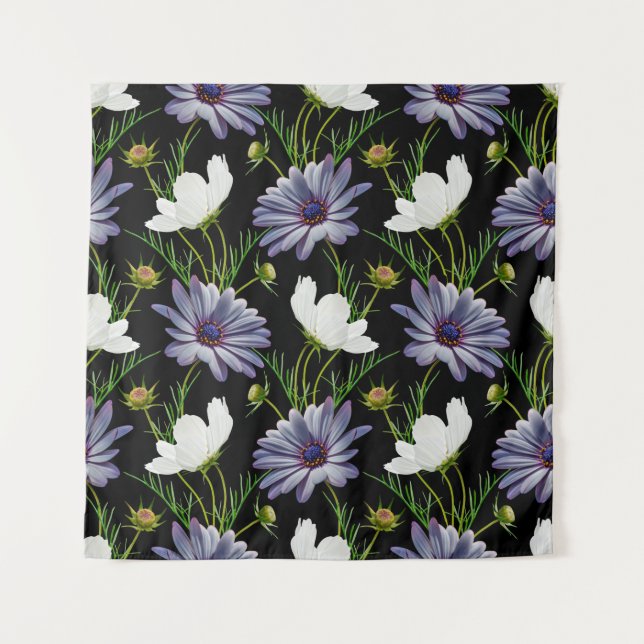 Seamless pattern with white cosmos and blue daisy  tapestry (Front)