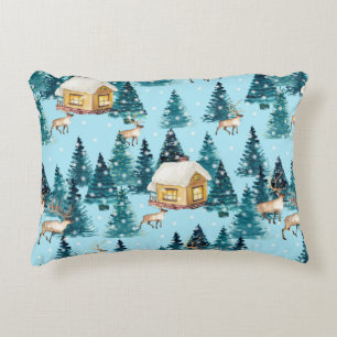 Seamless pattern with winter village in the forest accent pillow