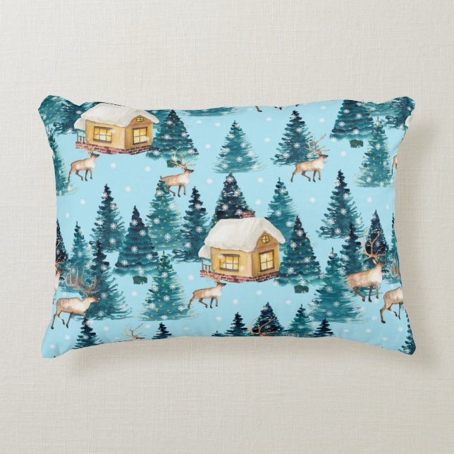 Seamless pattern with winter village in the forest accent pillow (Front)