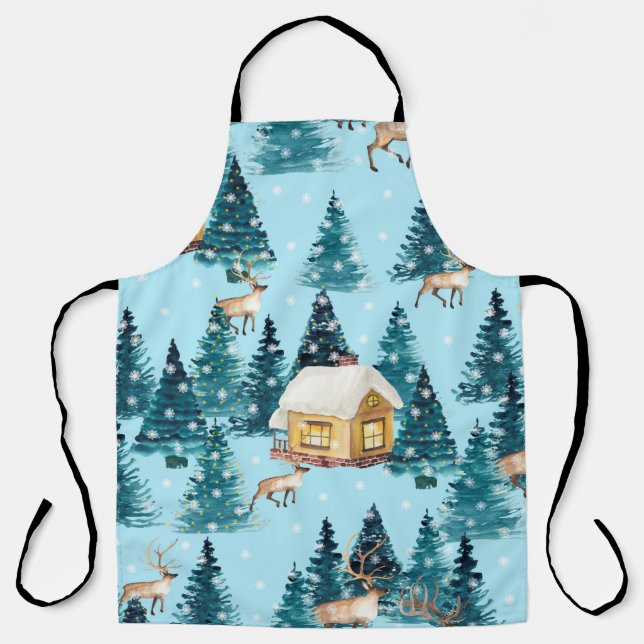 Seamless pattern with winter village in the forest apron (Front)
