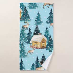Seamless pattern with winter village in the forest bath towel