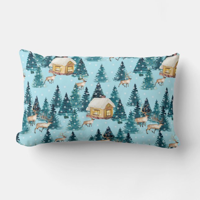Seamless pattern with winter village in the forest lumbar pillow (Front)