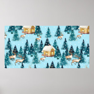 Seamless pattern with winter village in the forest poster