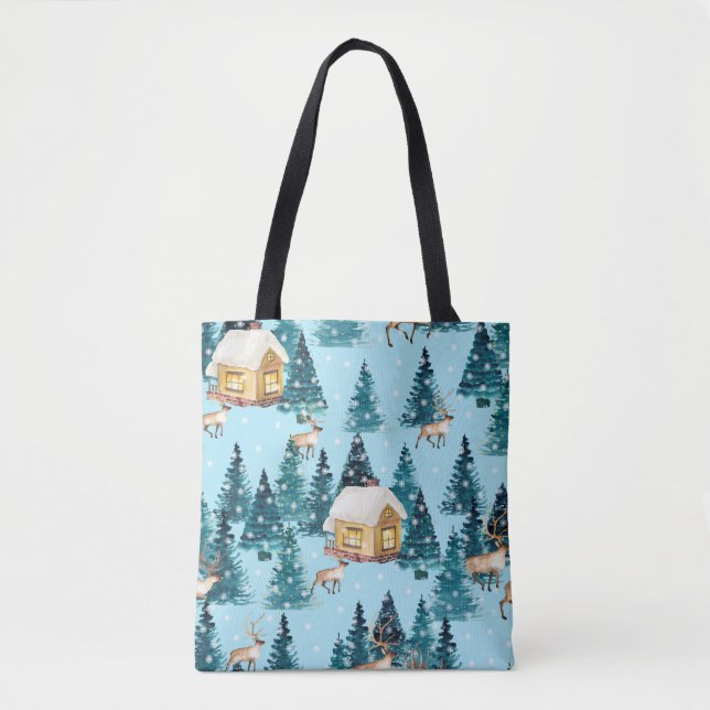 Seamless pattern with winter village in the forest tote bag (Front)