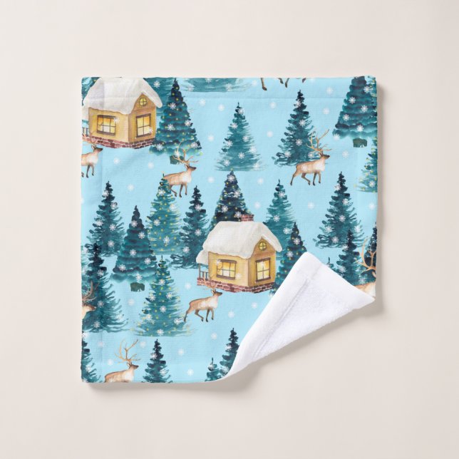 Seamless pattern with winter village in the forest wash cloth (Wash Cloth)