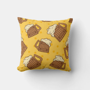 Seamless Pattern with Wooden Foam Beer Mugsbeer, p Throw Pillow