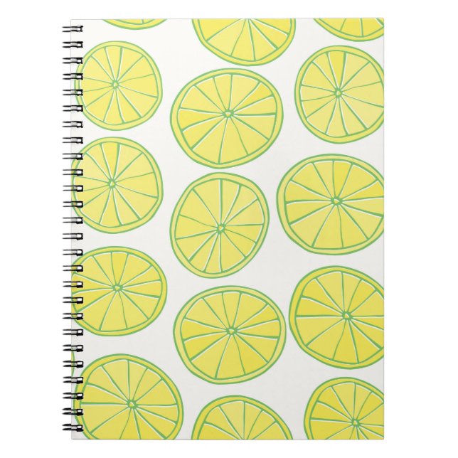 Seamless pattern with yellow lemon slices on white notebook (Front)