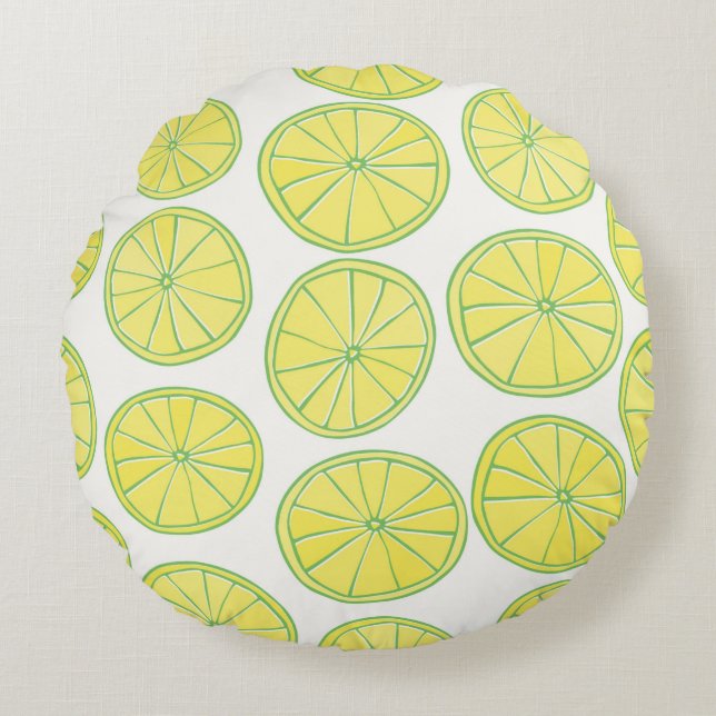 Seamless pattern with yellow lemon slices on white round pillow (Front)