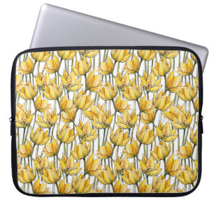 Seamless pattern with yellow tulips on a white bac laptop sleeve