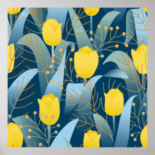 Seamless pattern yellow tulips on dark blue backgr poster