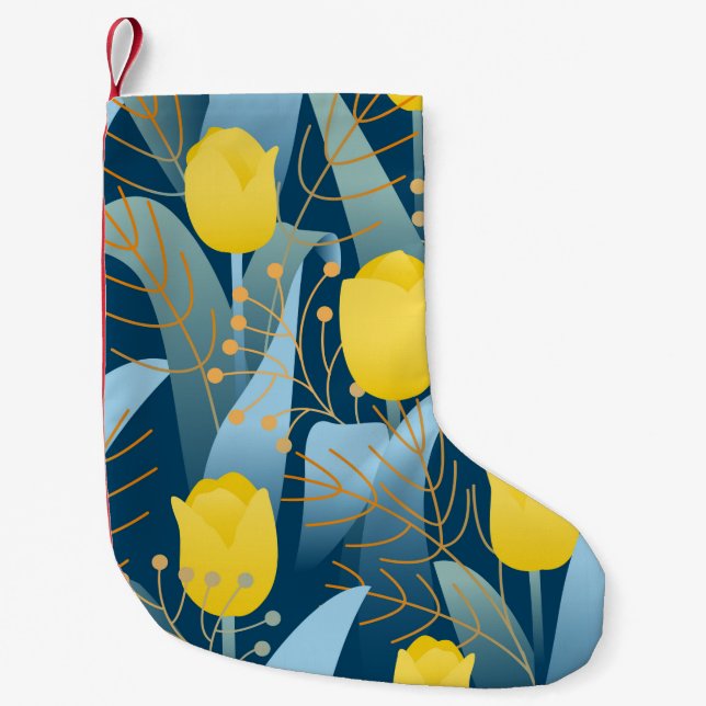 Seamless pattern yellow tulips on dark blue backgr small christmas stocking (Front)