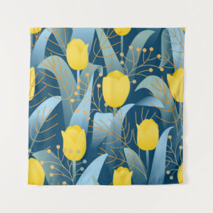 Seamless pattern yellow tulips on dark blue backgr tapestry