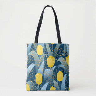 Seamless pattern yellow tulips on dark blue backgr tote bag