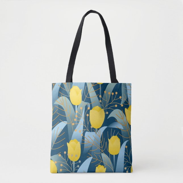 Seamless pattern yellow tulips on dark blue backgr tote bag (Front)