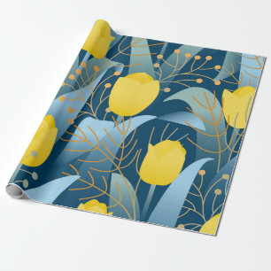 Seamless pattern yellow tulips on dark blue backgr wrapping paper