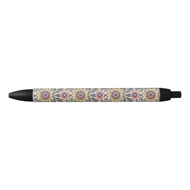 Seamless Pink & Blue Floral Pattern Black Ink Pen (Front)