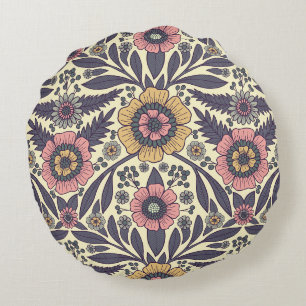 Seamless Pink & Blue Floral Pattern Round Pillow