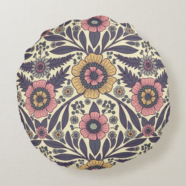 Seamless Pink & Blue Floral Pattern Round Pillow (Back)