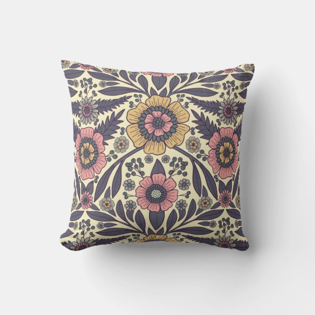 Seamless Pink & Blue Floral Pattern Throw Pillow (Front)