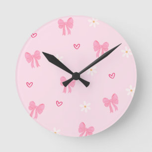 Seamless Pink Bow and Floral Pattern – Cute Girly Round Clock
