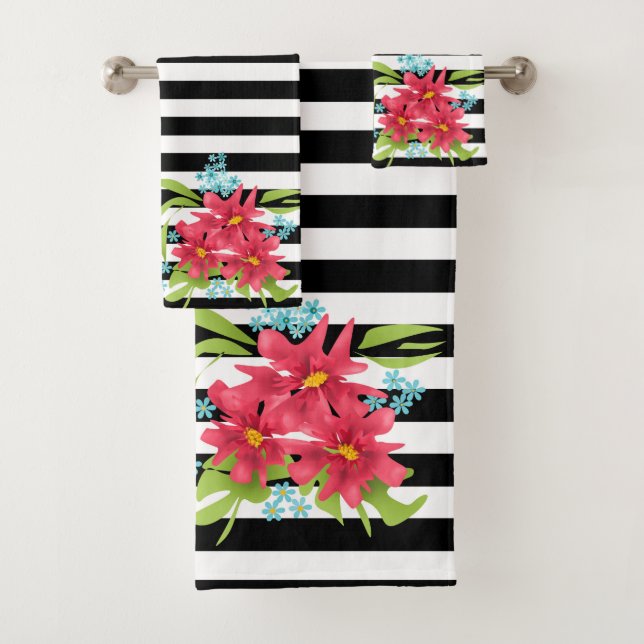 Seamless pink flowers floral black white striped l bath towel set (Insitu)