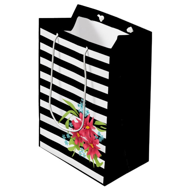 Seamless pink flowers floral black white striped l medium gift bag (Front Angled)