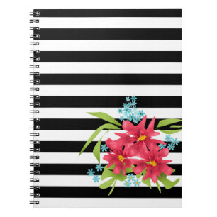 Seamless pink flowers floral black white striped l notebook