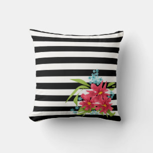 Seamless pink flowers floral black white striped l throw pillow