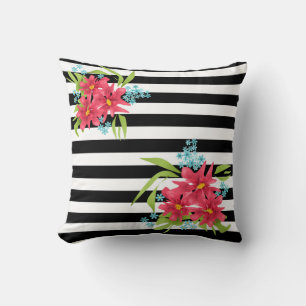 Seamless pink flowers floral black white striped l throw pillow