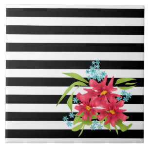 Seamless pink flowers floral black white striped l tile