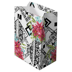 Seamless pink flowers floral ornamental black whit medium gift bag