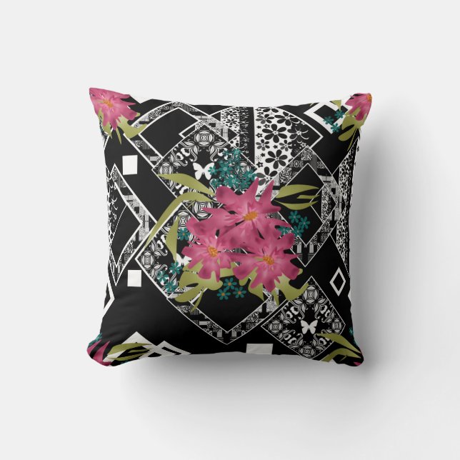Seamless pink flowers floral ornamental black whit throw pillow (Front)