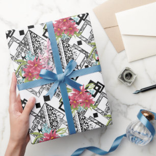 Seamless pink flowers floral ornamental black whit wrapping paper