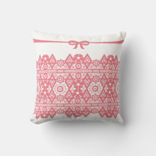 Seamless pink lacy lace romantic bow white pattern throw pillow