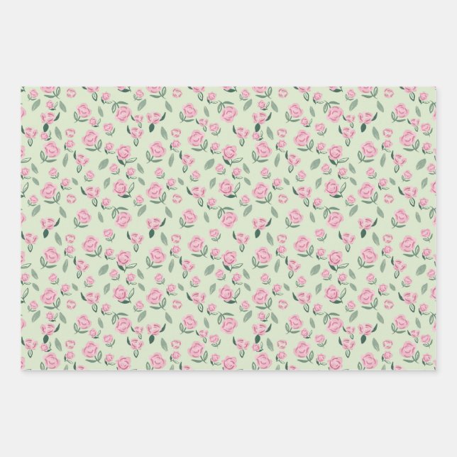 Seamless Pink Rose Watercolor Pattern Wrapping Paper Sheet (Front)