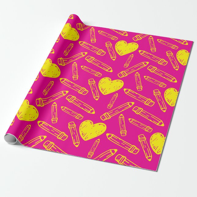 Seamless Pink Wrapping Paper With Hearts Pencils (Unrolled)