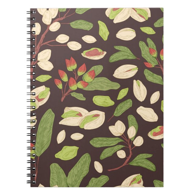 Seamless pistachio pattern with nuts, shells, bran notebook (Front)