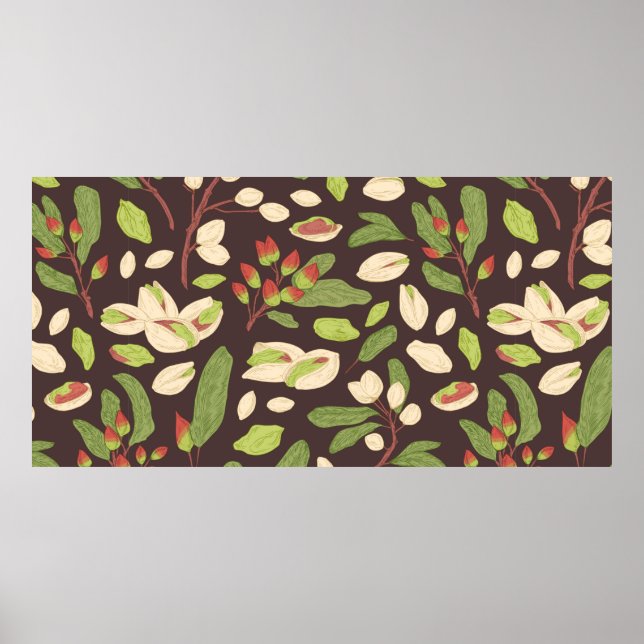 Seamless pistachio pattern with nuts, shells, bran poster (Front)