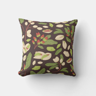 Seamless pistachio pattern with nuts, shells, bran throw pillow
