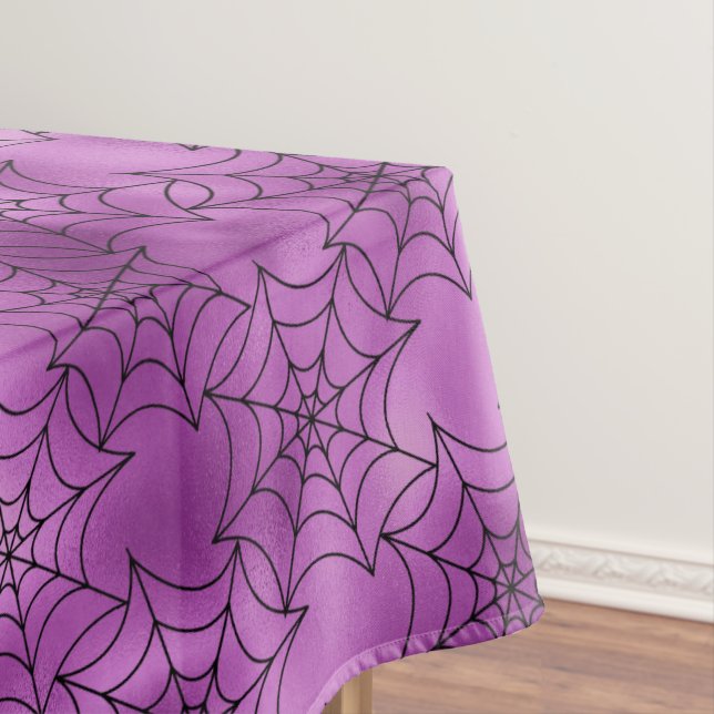 Seamless Purple Foil and Black Cobwebs Halloween Tablecloth (In Situ)