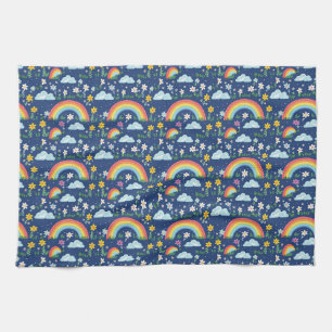Seamless Rainbow, Flowers, and Clouds Pattern Kitchen Towel