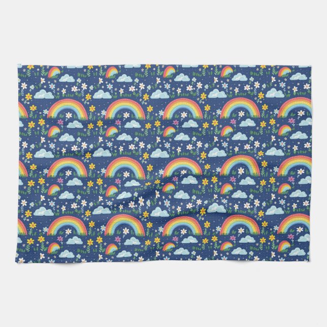 Seamless Rainbow, Flowers, and Clouds Pattern Kitchen Towel (Horizontal)