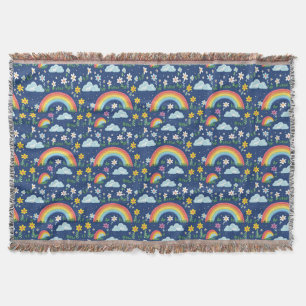 Seamless Rainbow, Flowers, and Clouds Pattern Throw Blanket
