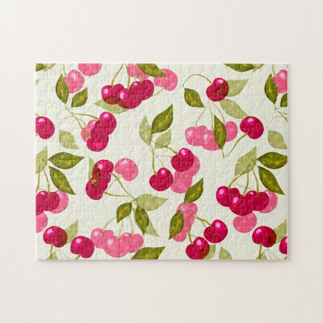 Seamless red cartoon cherry berry cute pattern whi jigsaw puzzle (Horizontal)