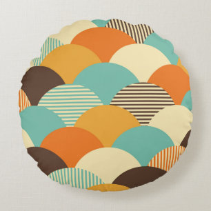 Seamless retro geometric with colourful linear ele round pillow